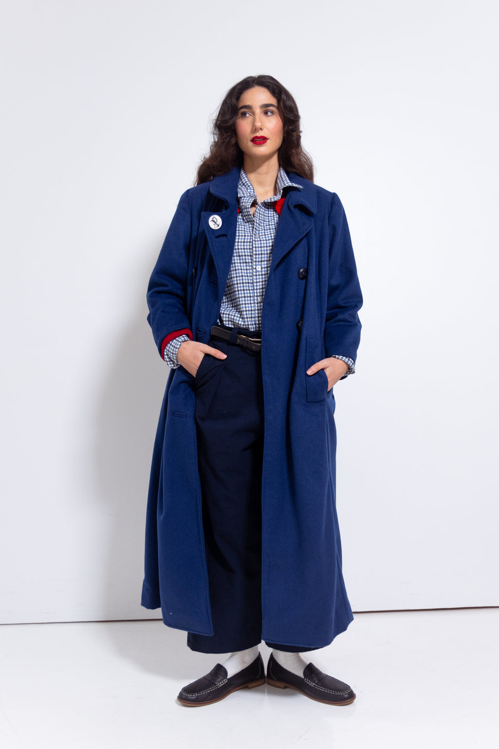 Flannel Button Up in Blue Check on the runway, Peak Lapel Fall Winter '25 Look 07