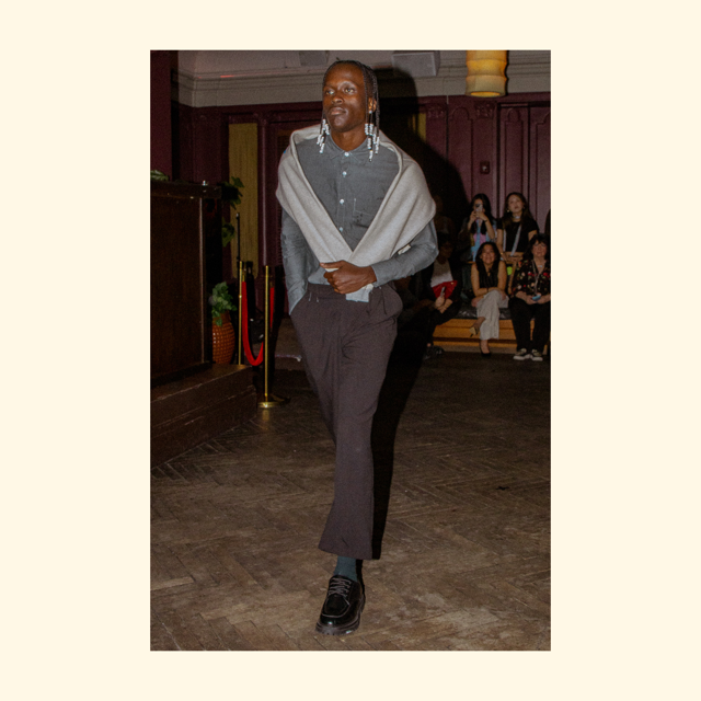 Grey Chambray Work Shirt on the runway, Peak Lapel Spring Summer '25 Look 09