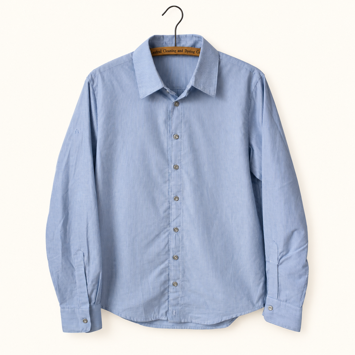 Peak Lapel Button Down Shirt in Blue Finestripe, flat lay