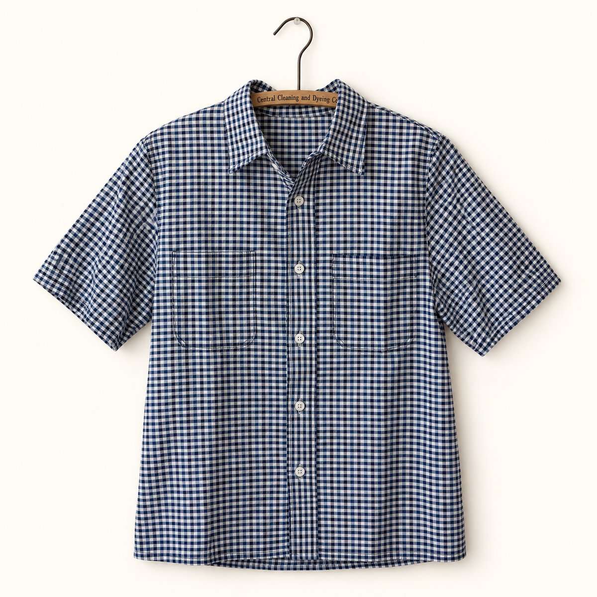 Peak Lapel Blue Gingham Short Sleeve Shirt, flat lay