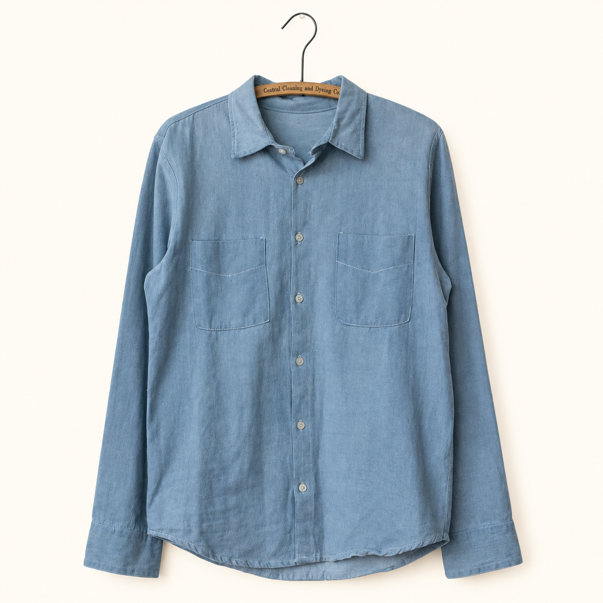 Peak Lapel Double Pocket Button Up in Japanese Chambray, flat lay