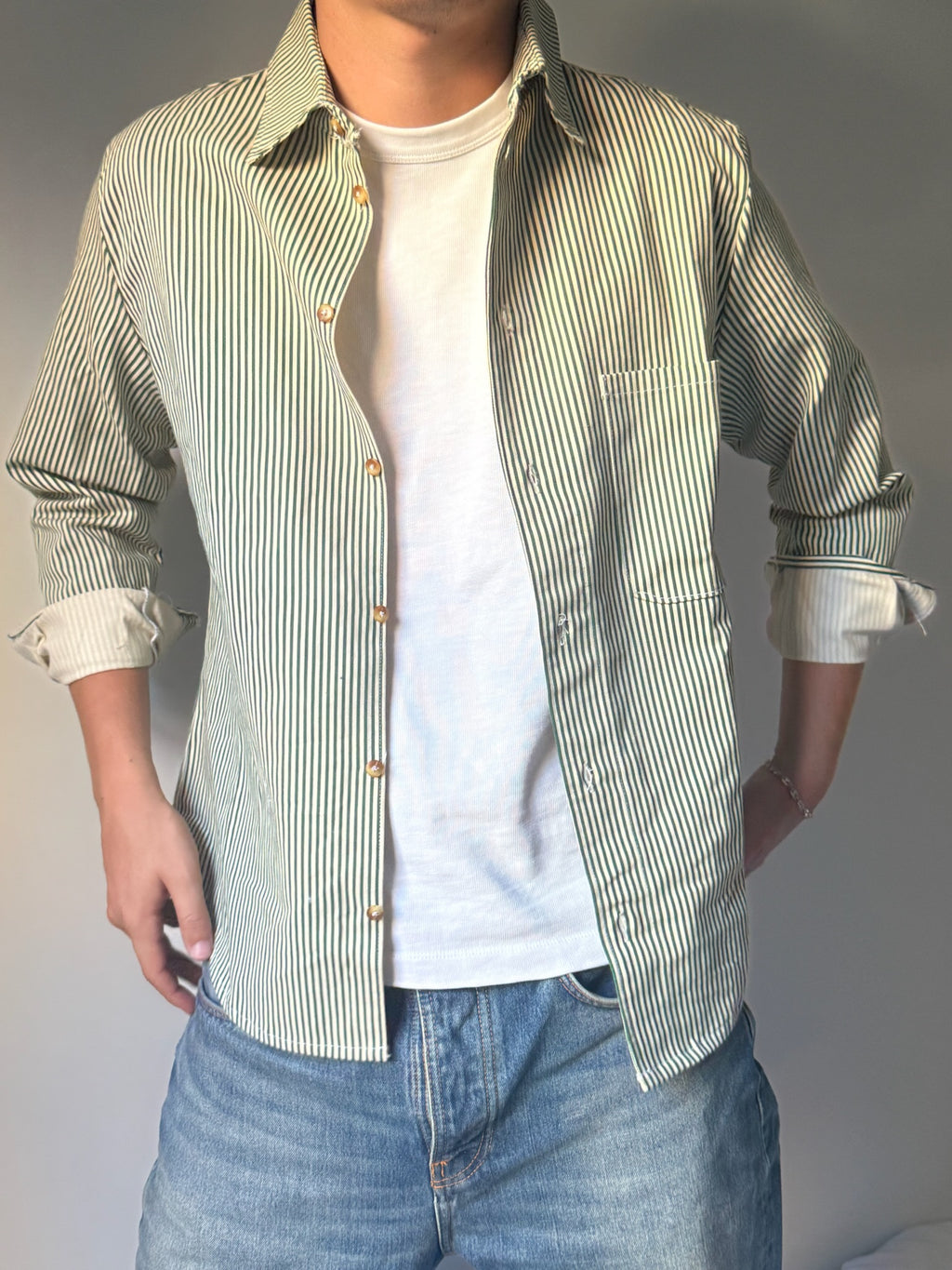Peak Lapel Green Fine Stripe Shirt-Jacket, alternate view