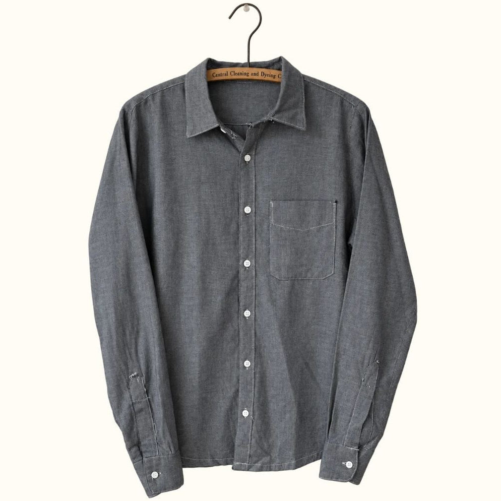 Peak Lapel Grey Chambray Work Shirt, handmade in New York from deadstock Garment District fabric