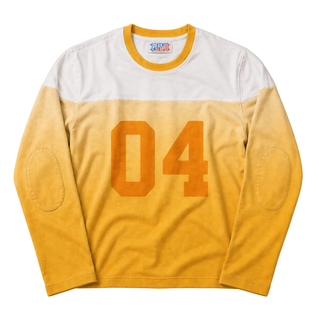 Peak Lapel Varsity Long Sleeve in Sun-Aged Gold, heavyweight cotton jersey with a contrast yoke and block number graphic